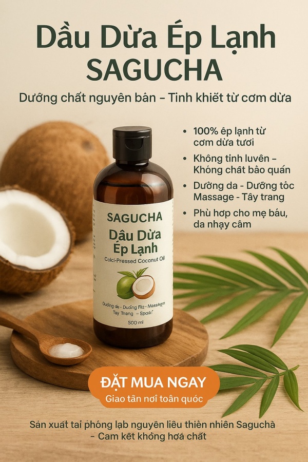 Dầu dừa ép lạnh nguyên chất Sagucha 500ml dùng trong massage và chăm sóc da