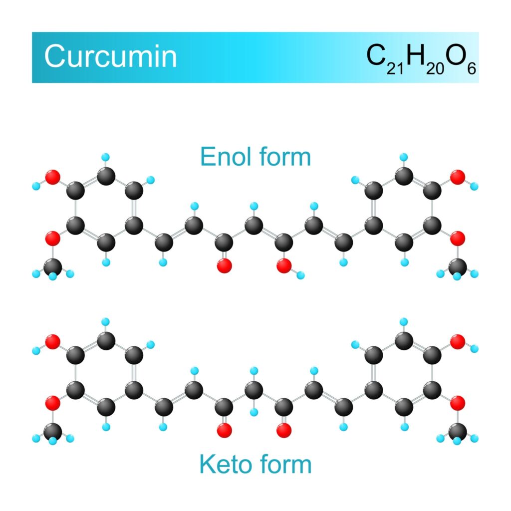 Curcumin chemical formula. Enol form and Keto form. Vector diagram