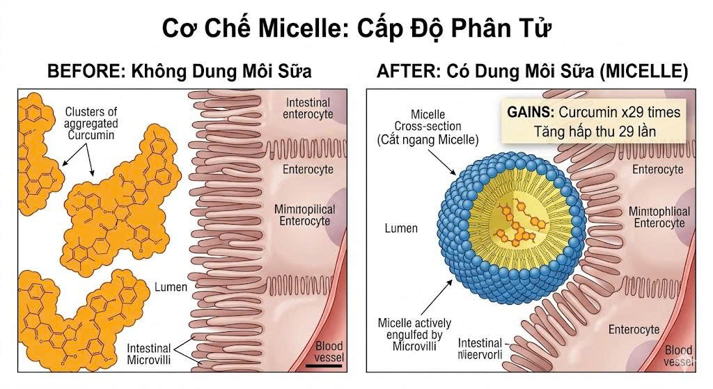 Cơ Chế Nhũ Hóa Lipid & Hình Thành Hạt Micelle của Curcumin