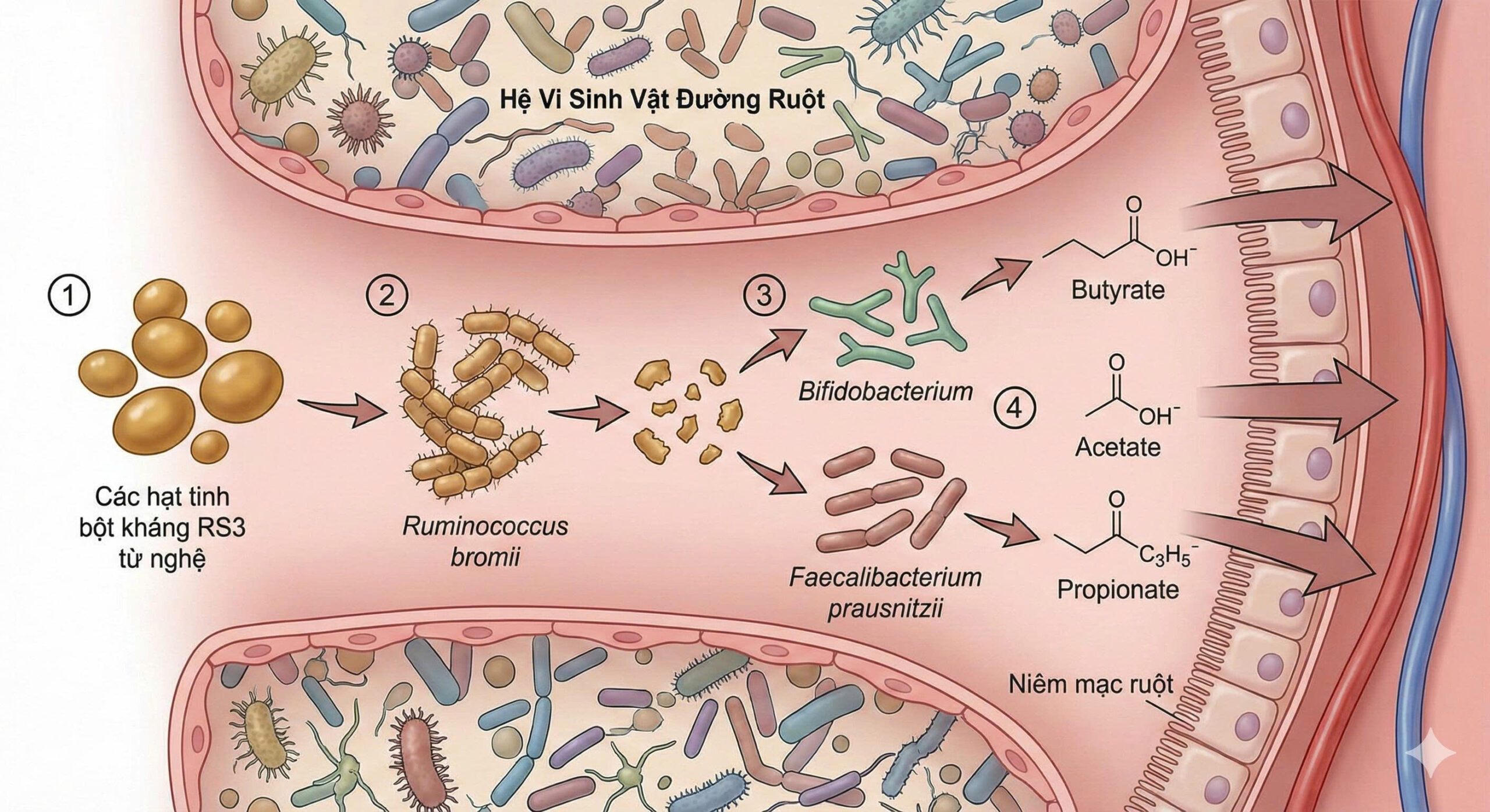 Hình minh họa y khoa mô tả các hạt tinh bột kháng RS3 từ nghệ đi vào đường ruột, được vi khuẩn Ruminococcus bromii phân giải, sau đó lợi khuẩn Bifidobacterium và Faecalibacterium prausnitzii chuyển hóa thành các axit béo chuỗi ngắn (Butyrate, Acetate, Propionate) để nuôi dưỡng niêm mạc ruột