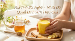 Ly tinh bột nghệ vàng óng pha cùng mật ong và gừng tươi, minh họa cho cách pha tinh bột nghệ chuẩn nhiệt độ giúp bảo vệ dạ dày