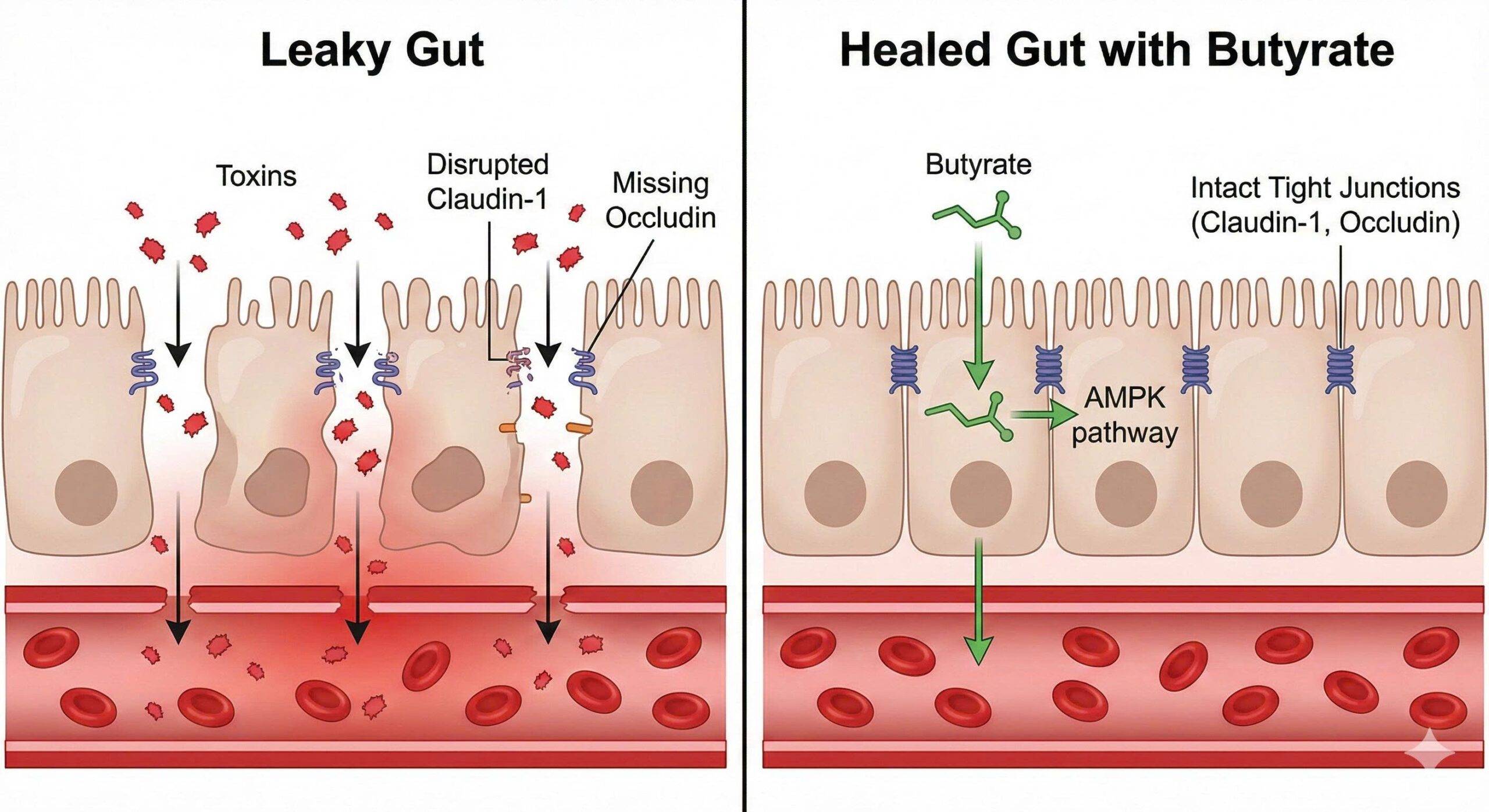 Sơ đồ so sánh hai trạng thái của niêm mạc ruột. Bên trái là "Leaky Gut" (Ruột rò rỉ) với các liên kết chặt bị phá vỡ, cho phép độc tố xâm nhập. Bên phải là "Healed Gut with Butyrate" (Ruột lành nhờ Butyrate) cho thấy Butyrate kích hoạt con đường AMPK, khôi phục các protein liên kết Claudin-1 và Occludin, ngăn chặn độc tố