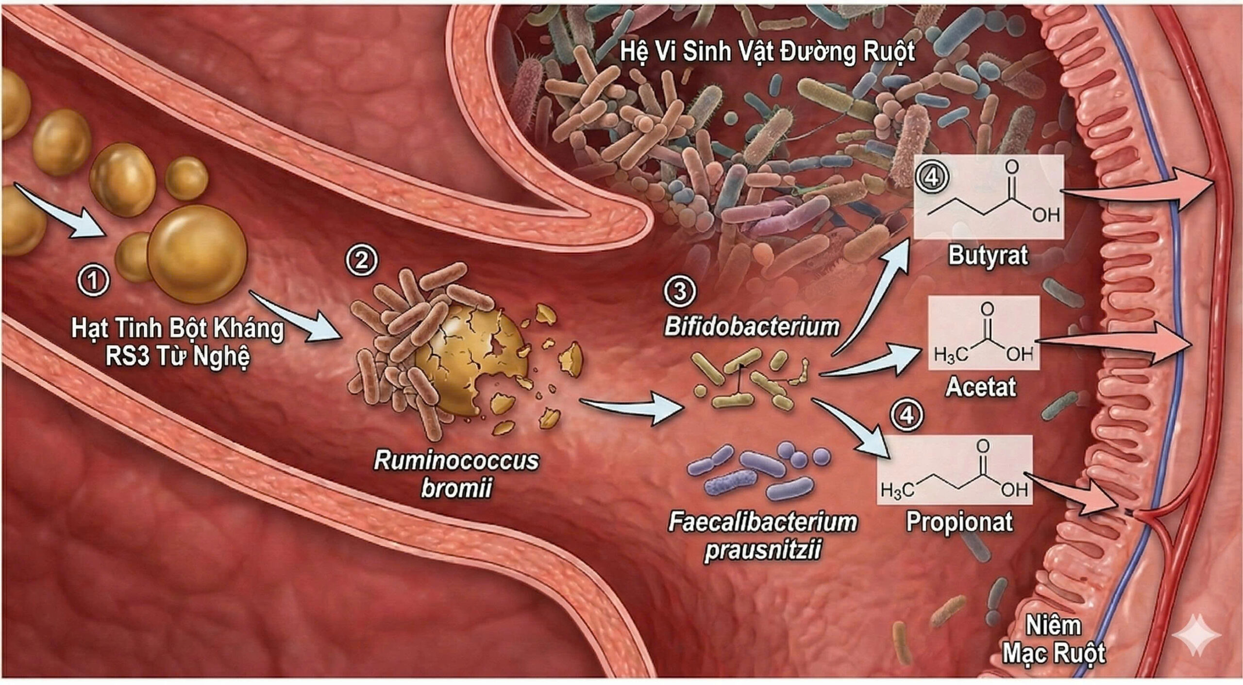 Hình minh họa y khoa mô tả các hạt tinh bột kháng RS3 từ nghệ đi vào đường ruột, được vi khuẩn Ruminococcus bromii phân giải, sau đó lợi khuẩn Bifidobacterium và Faecalibacterium prausnitzii chuyển hóa thành các axit béo chuỗi ngắn (Butyrate, Acetate, Propionate) để nuôi dưỡng niêm mạc ruột.