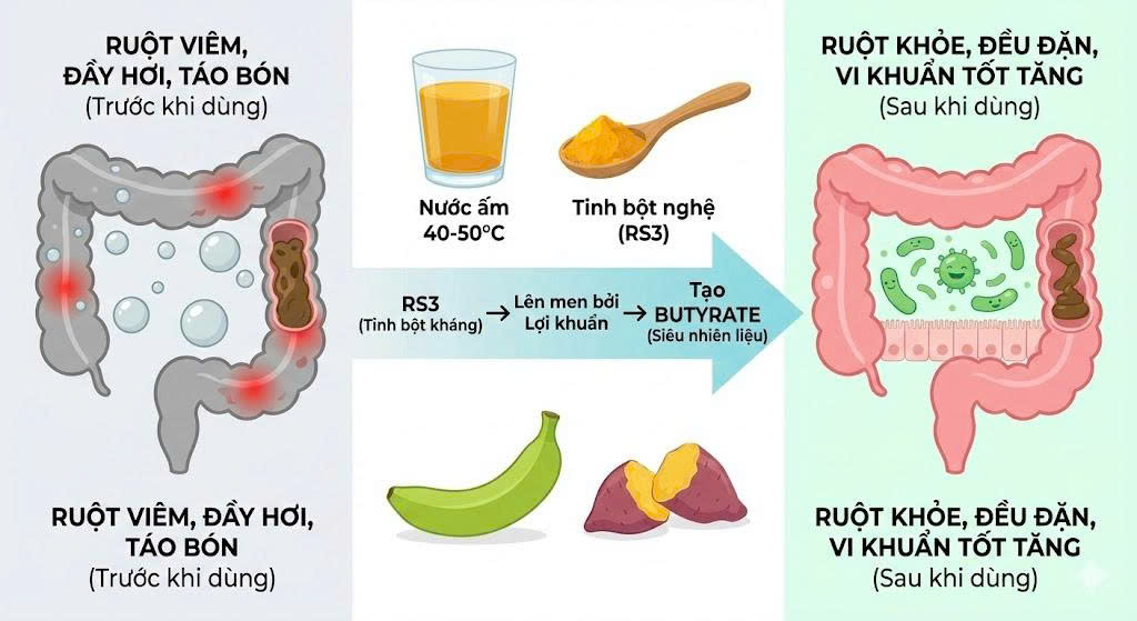 Infographic minh họa cơ chế chữa lành đường ruột: Tinh bột nghệ dồi dào RS3 pha ở 40-50 độ C được lợi khuẩn đại tràng lên men tạo thành Butyrate, giúp biến đổi ruột viêm, đầy hơi, táo bón thành ruột khỏe mạnh.