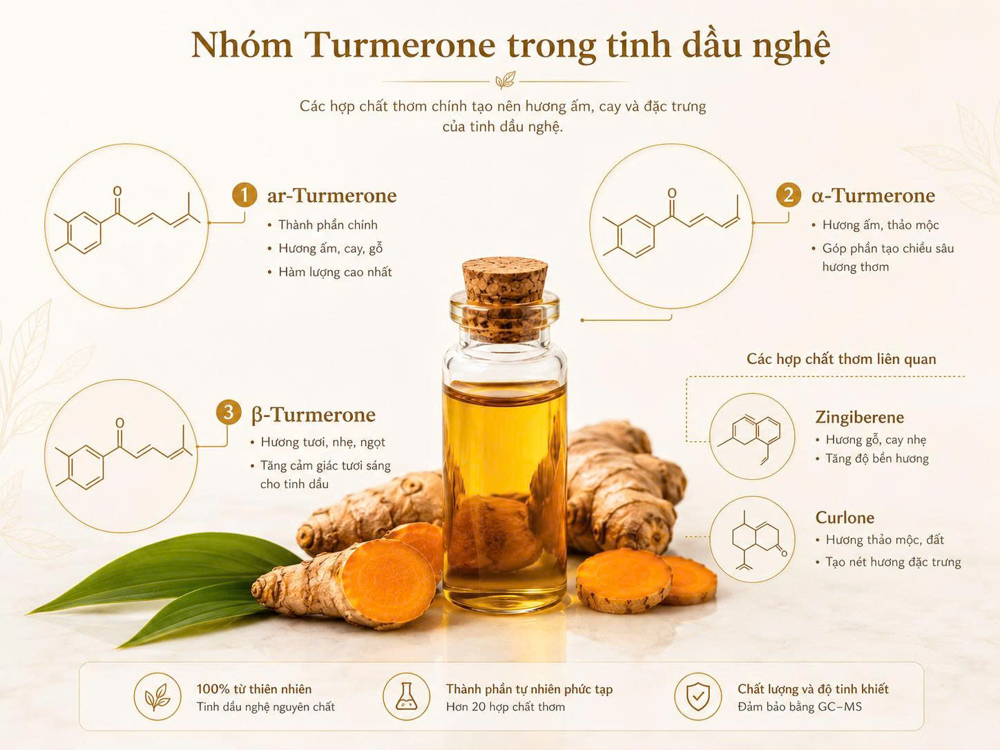 Nhóm Turmerone trong tinh dầu nghệ gồm ar-Turmerone, α-Turmerone, β-Turmerone, Zingiberene và Curlone.