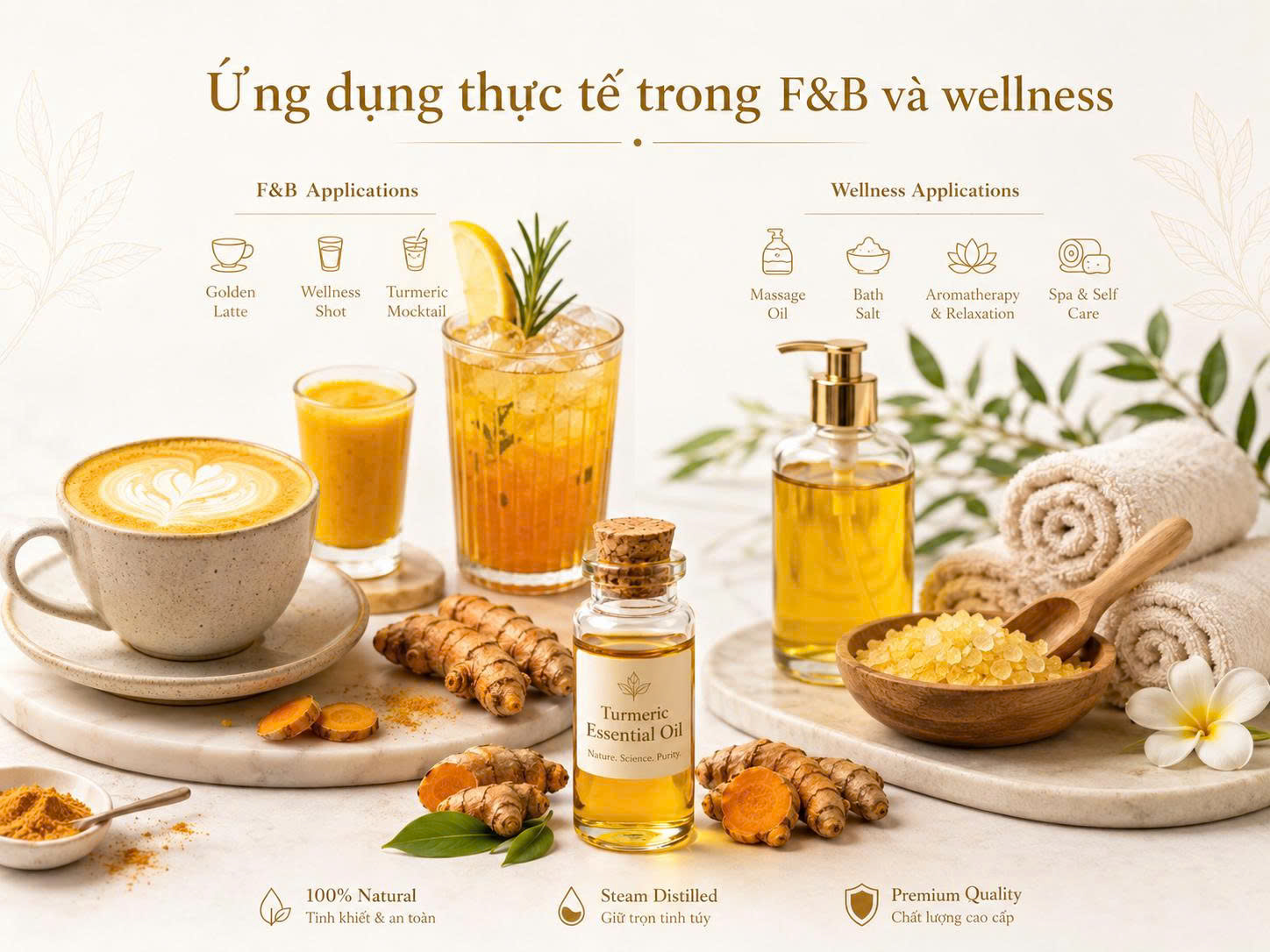 Tinh dầu nghệ ứng dụng trong golden latte, wellness shot, mocktail, dầu massage, bath salt và wellness spa.