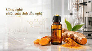 Tinh dầu nghệ màu cam hổ phách bên cạnh củ nghệ tươi, phòng lab và biểu đồ GC-MS minh họa công nghệ chiết xuất tinh dầu nghệ.