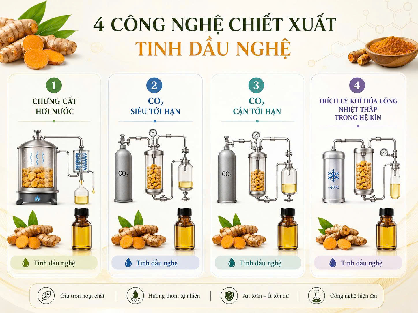 Infographic so sánh bốn công nghệ chiết xuất tinh dầu nghệ gồm chưng cất hơi nước, CO2 siêu tới hạn, CO2 cận tới hạn và trích ly nhiệt thấp trong hệ kín.