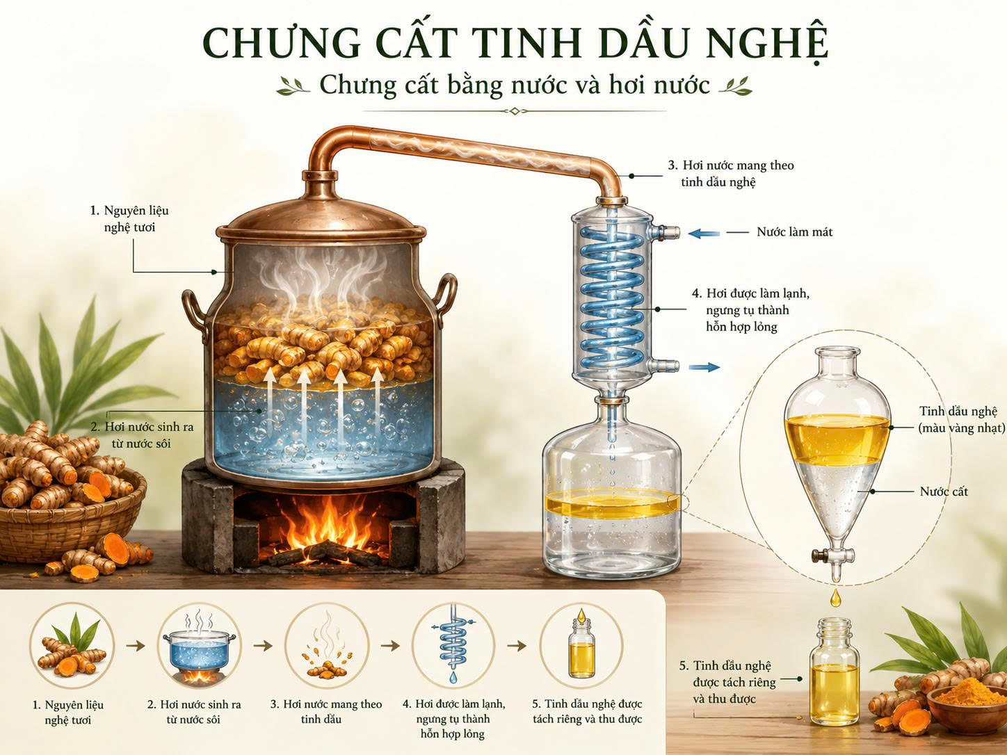 Sơ đồ chưng cất tinh dầu nghệ bằng nước và hơi nước, minh họa hơi nước kéo tinh dầu từ củ nghệ rồi ngưng tụ và tách lớp.