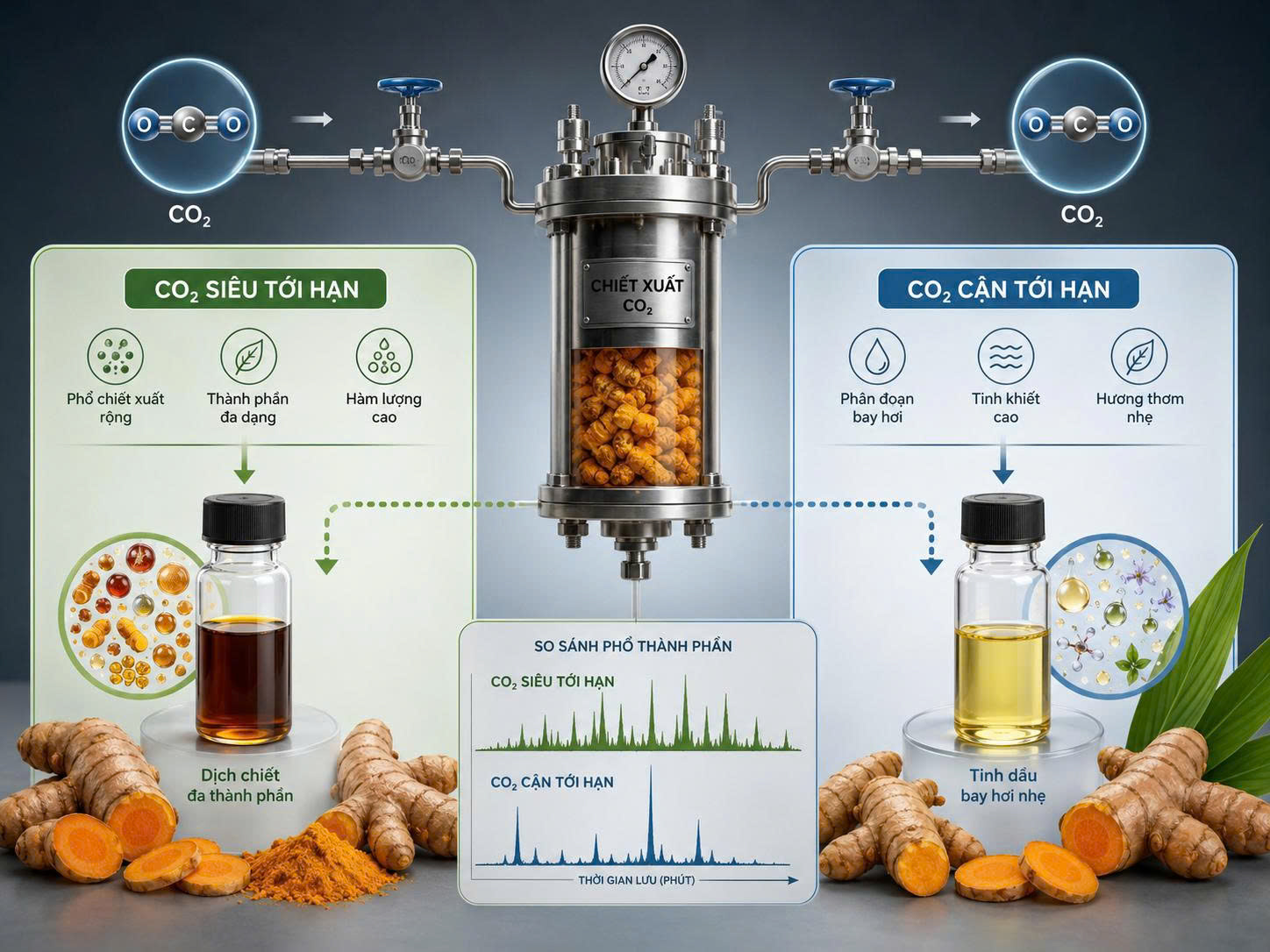Sơ đồ chiết xuất tinh dầu nghệ bằng CO2 siêu tới hạn và CO2 cận tới hạn, minh họa sự khác biệt giữa extract và tinh dầu bay hơi.