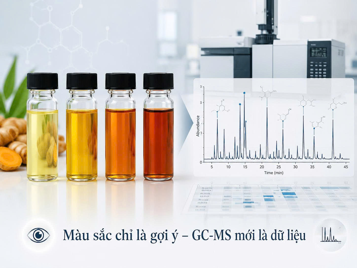 Các mẫu tinh dầu nghệ có màu sắc khác nhau đặt cạnh biểu đồ GC-MS, minh họa màu sắc chỉ là gợi ý còn GC-MS mới là dữ liệu nhận diện.