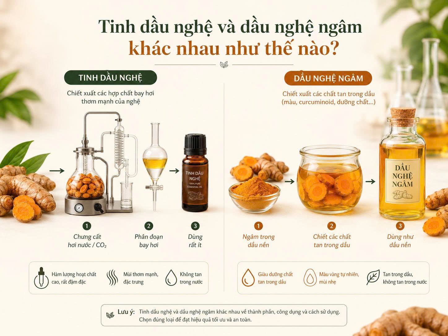 Sơ đồ minh họa tinh dầu nghệ thu bằng chưng cất hoặc chiết xuất và dầu nghệ ngâm thu bằng cách ngâm nghệ trong dầu nền.