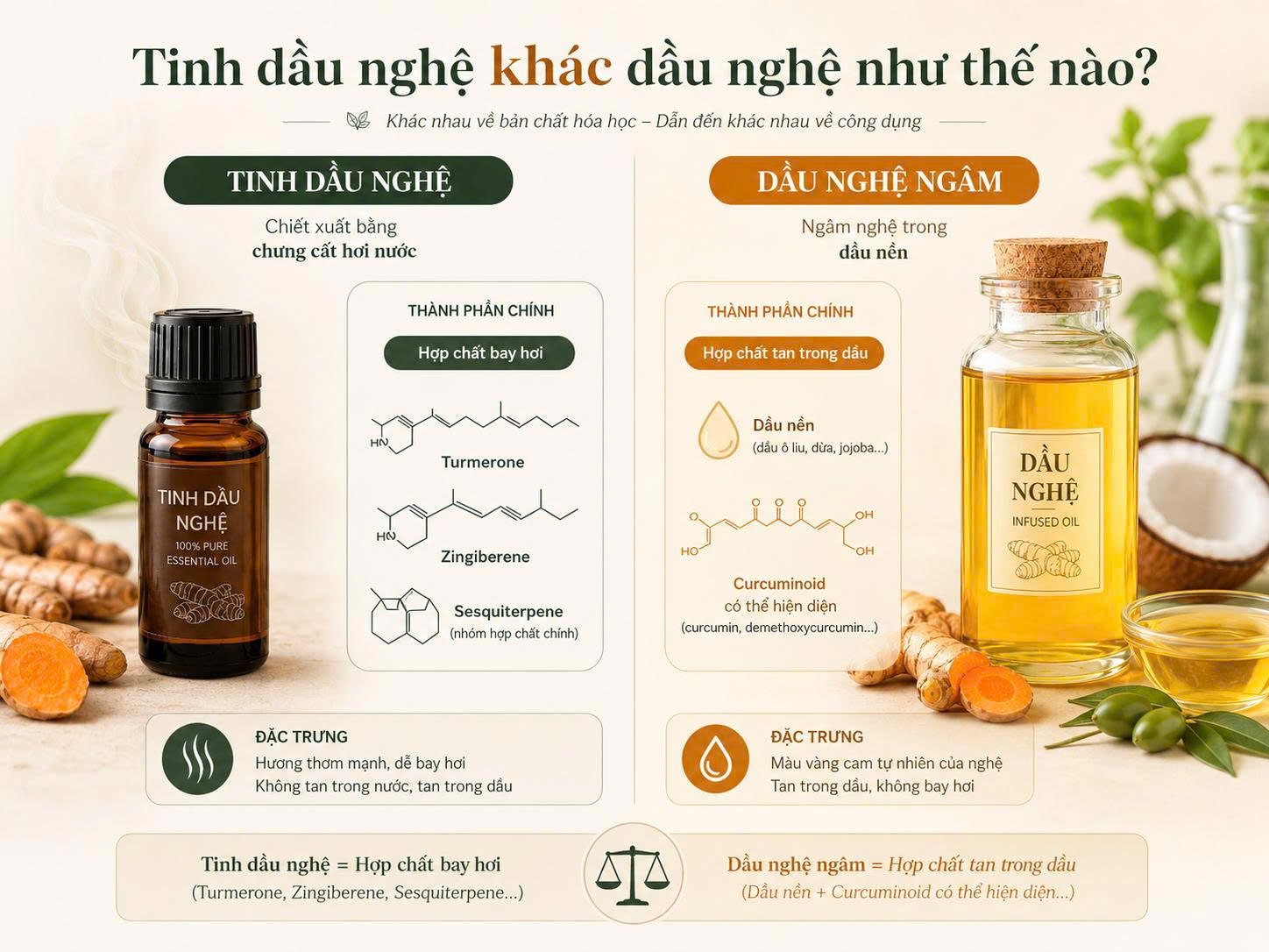 Infographic so sánh bản chất hóa học của tinh dầu nghệ và dầu nghệ ngâm, gồm hợp chất bay hơi, turmerone, zingiberene và curcuminoid.