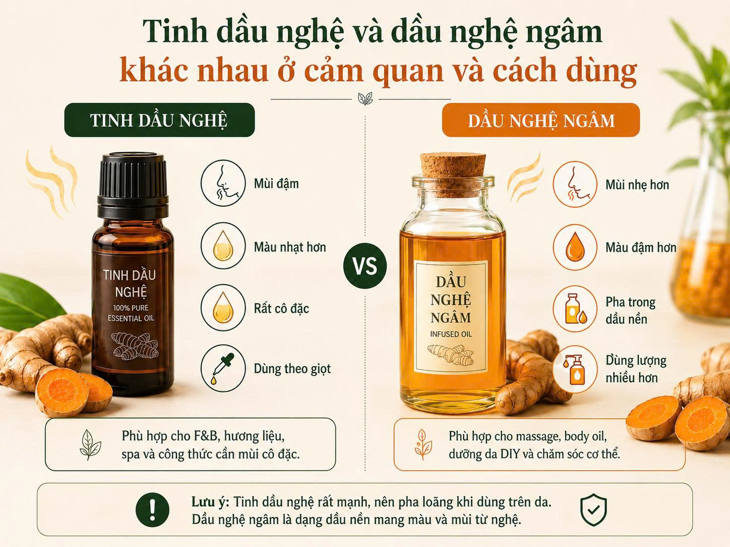 Tinh dầu nghệ và dầu nghệ ngâm được so sánh về mùi, màu, độ cô đặc và cách sử dụng trong thực phẩm, spa và chăm sóc cơ thể