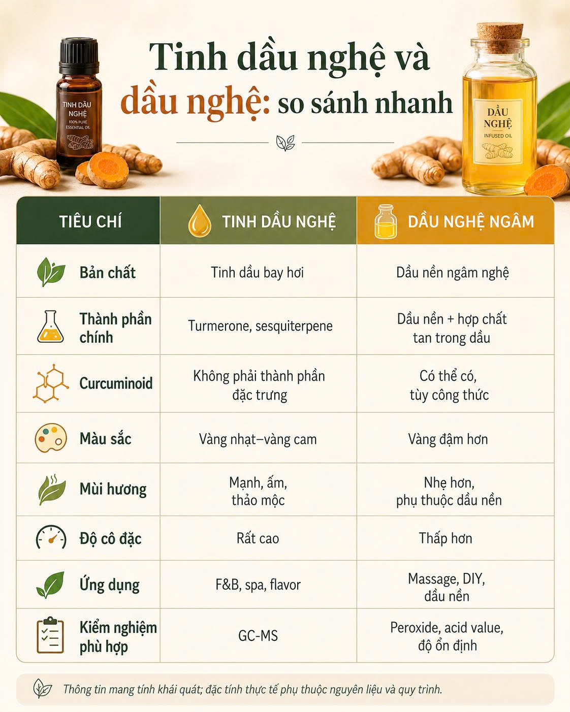 Bảng so sánh tinh dầu nghệ và dầu nghệ ngâm về bản chất, thành phần, curcuminoid, màu sắc, mùi hương, độ cô đặc, ứng dụng và kiểm nghiệm.