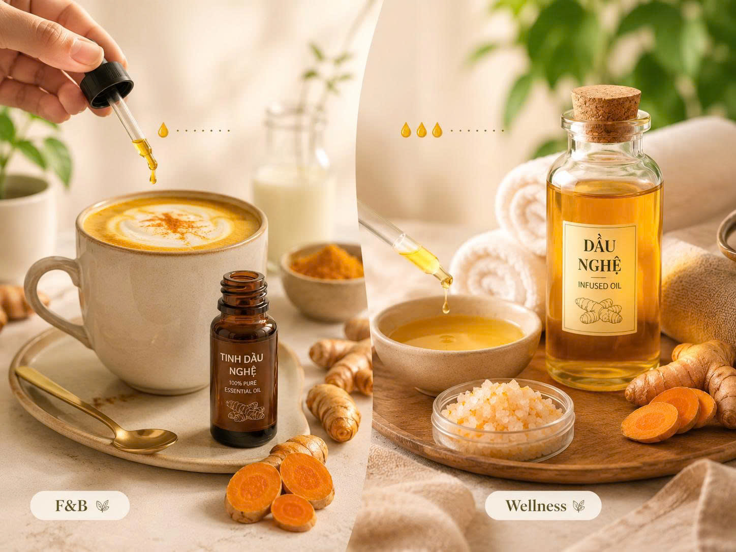 Tinh dầu nghệ dùng trong golden latte và dầu nghệ ngâm dùng trong wellness, massage, bath salt và chăm sóc cơ thể.
