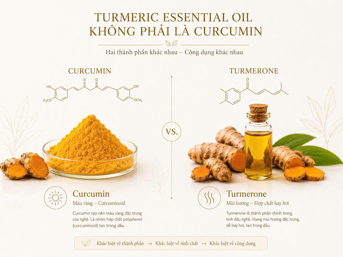 So sánh curcumin trong bột nghệ và Turmerone trong tinh dầu nghệ, minh họa sự khác nhau giữa màu vàng và hợp chất bay hơi.