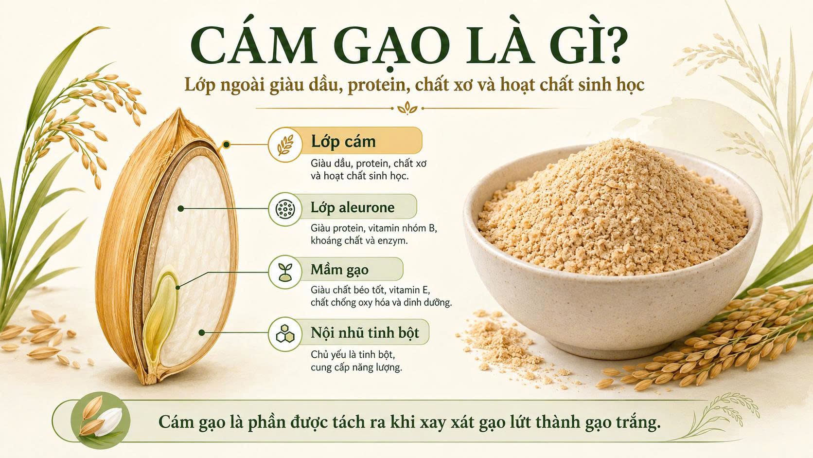 Minh họa cám gạo là lớp ngoài của hạt gạo, gồm lớp cám, aleurone, mầm gạo và nội nhũ tinh bột.