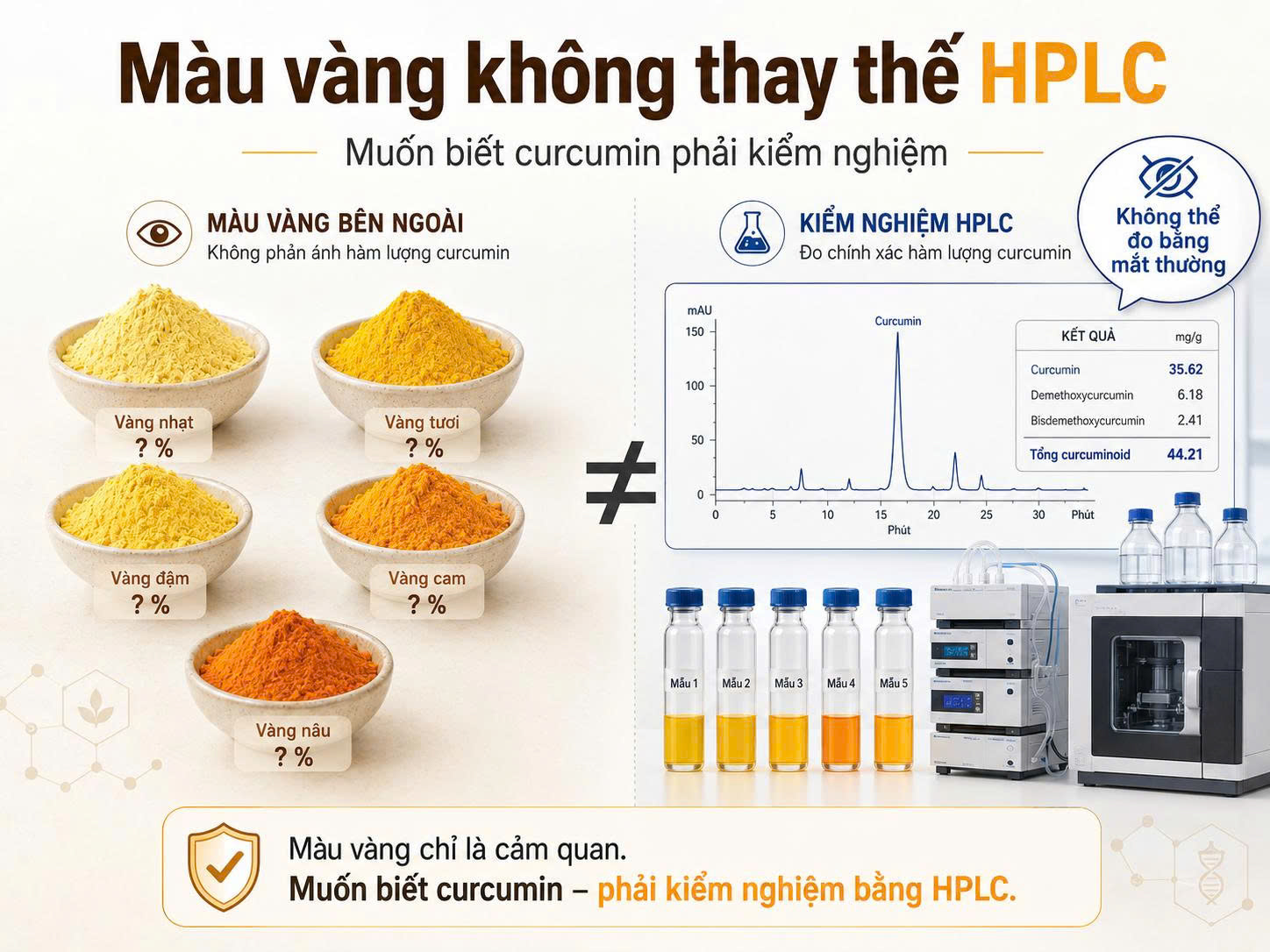 Màu vàng của tinh bột nghệ không thay thế được kiểm nghiệm HPLC về hàm lượng curcumin