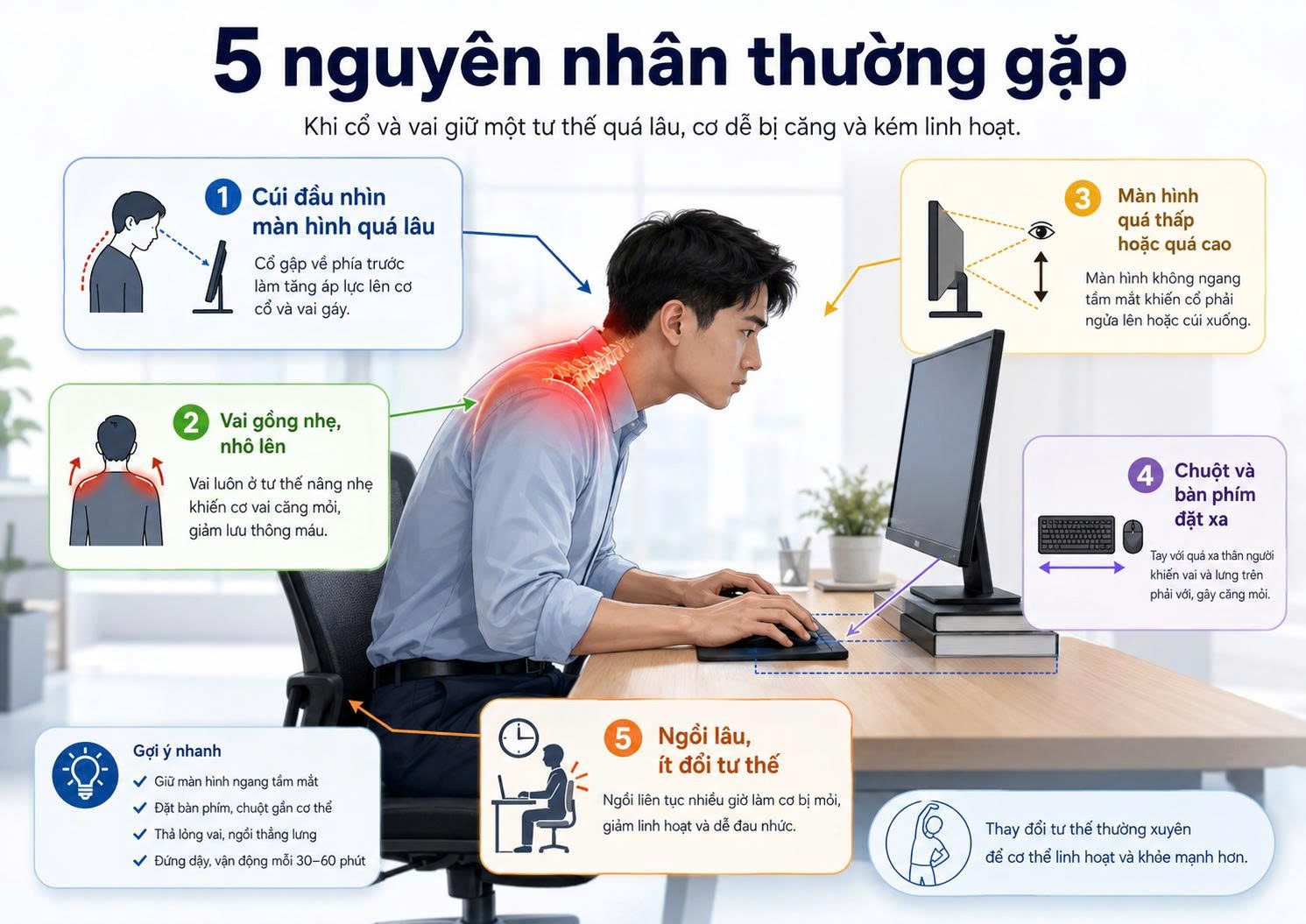 Infographic 5 nguyên nhân khiến cổ vai gáy bị căng cứng khi ngồi máy tính lâu