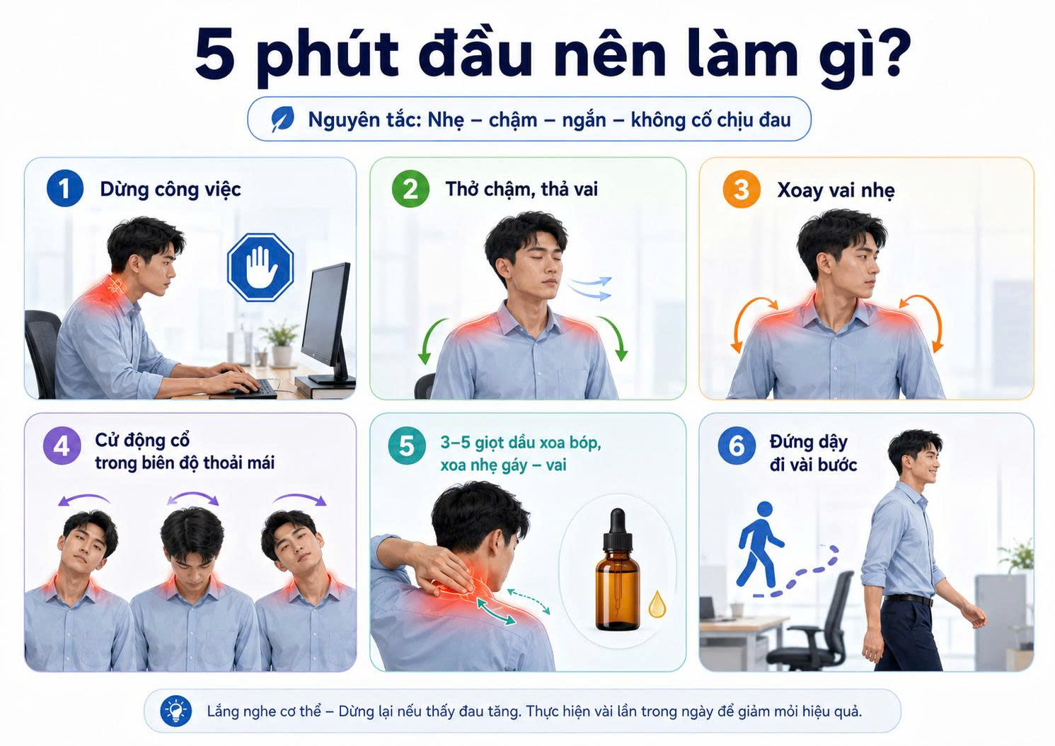 6 bước nhẹ nhàng trong 5 phút đầu khi bị cứng cổ vai gáy do ngồi máy tính lâu