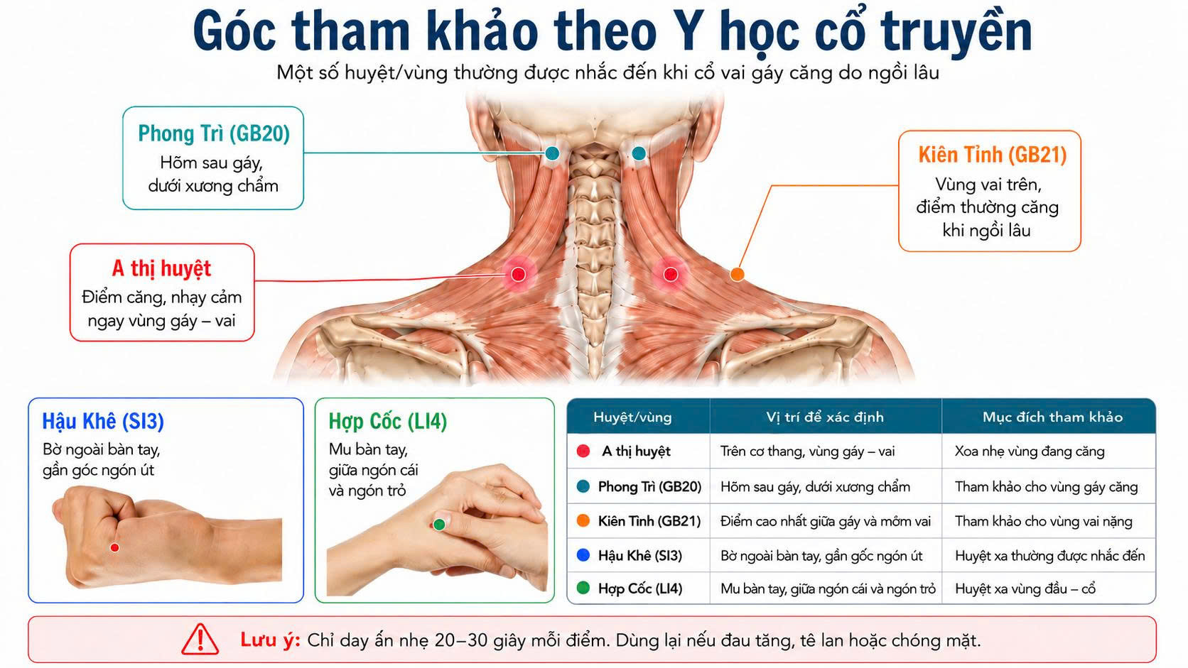 5 huyệt và vùng tham khảo khi bị đau mỏi cổ vai gáy gồm A thị huyệt, Phong Trì, Kiên Tỉnh, Hậu Khê và Hợp Cốc