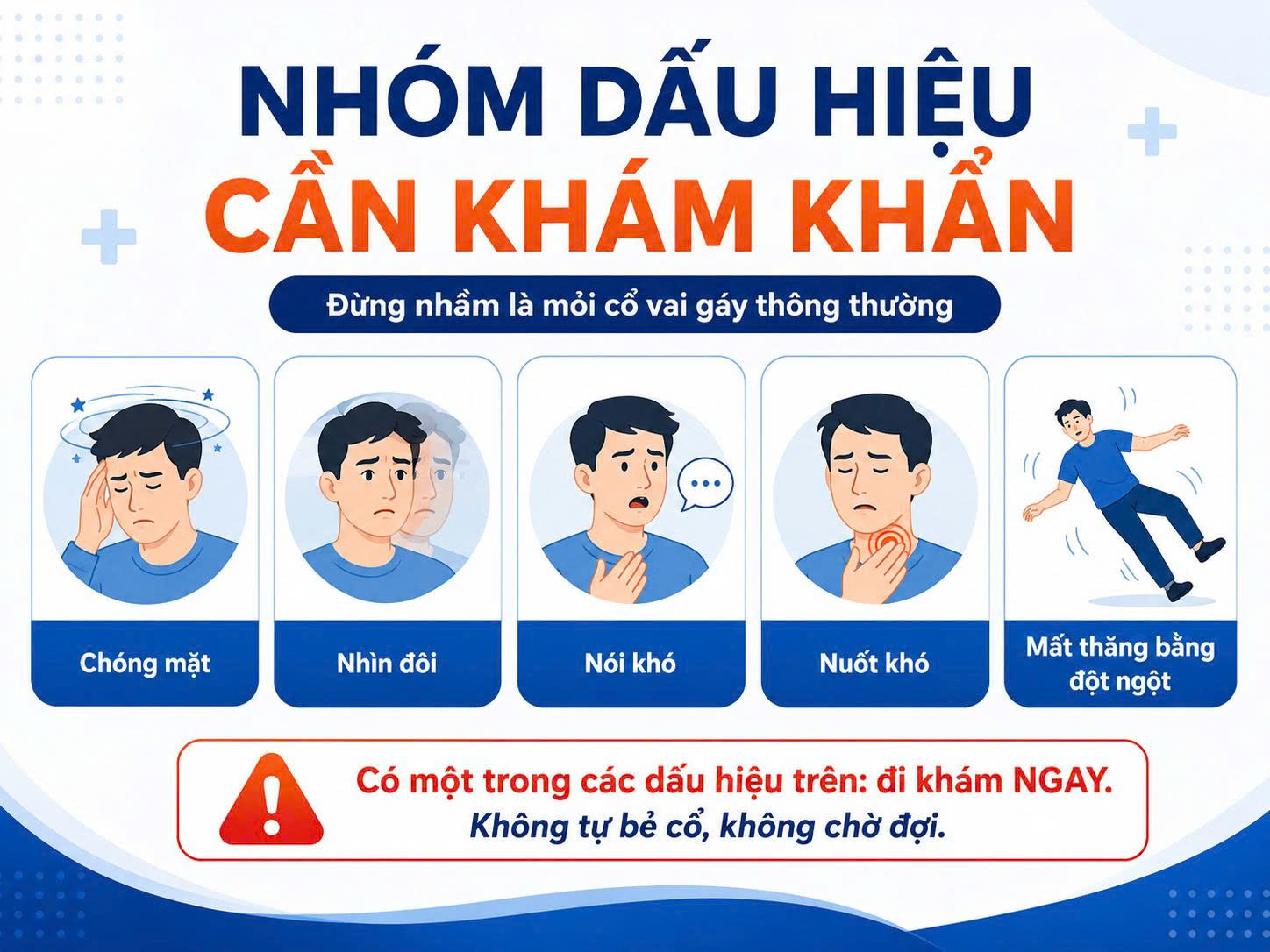 Nhóm dấu hiệu cần khám khẩn khi đau cổ vai gáy gồm chóng mặt, nhìn đôi, nói khó, nuốt khó và mất thăng bằng