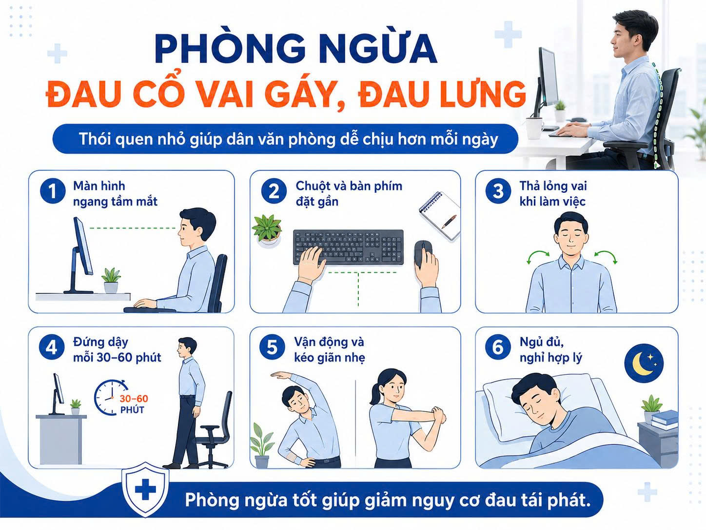 Các thói quen giúp phòng ngừa đau cổ vai gáy và đau lưng cho dân văn phòng