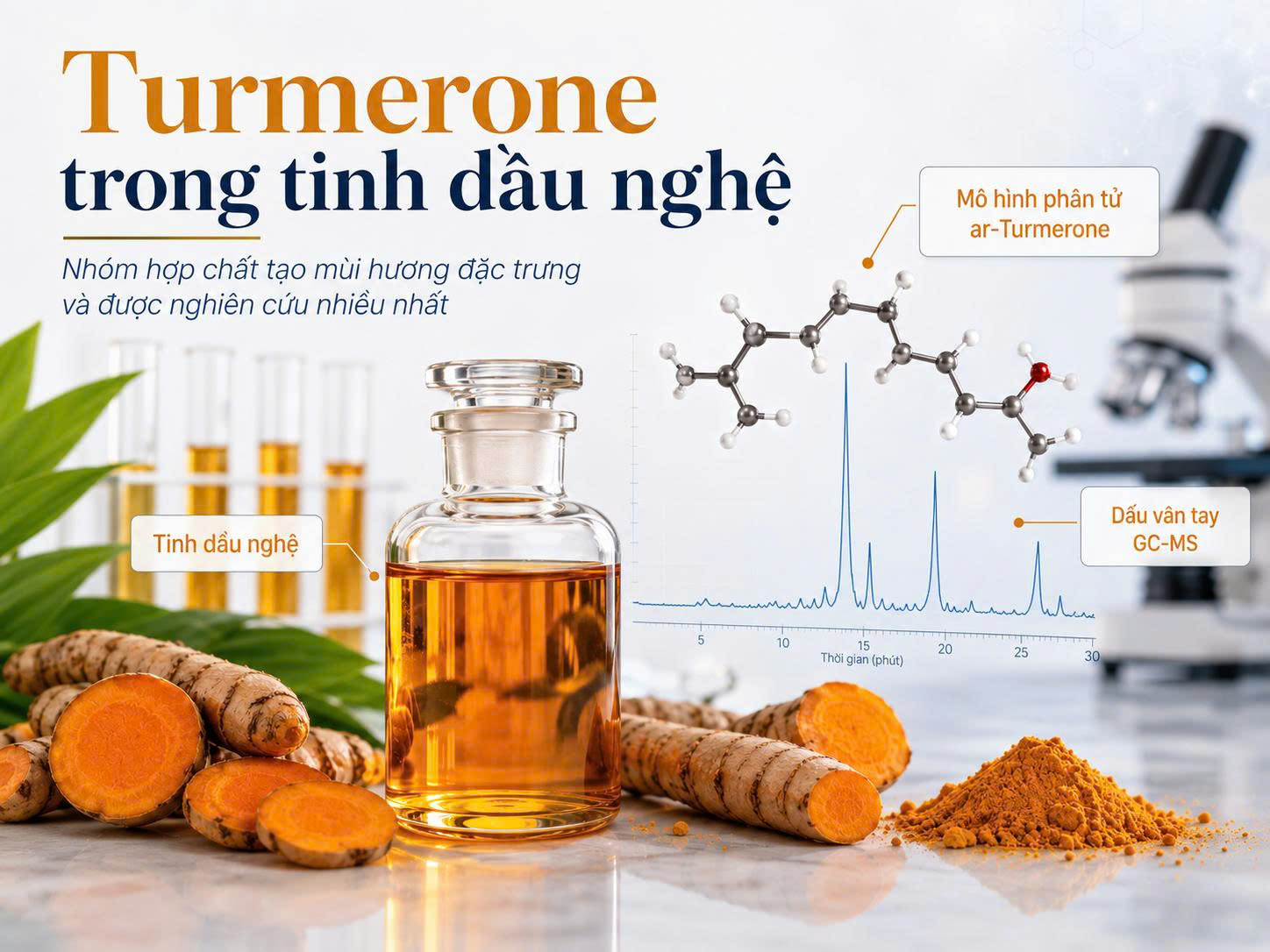 Tinh dầu nghệ màu cam hổ phách, củ nghệ tươi, mô hình phân tử ar-Turmerone và biểu đồ GC-MS minh họa nhóm Turmerone trong tinh dầu nghệ.