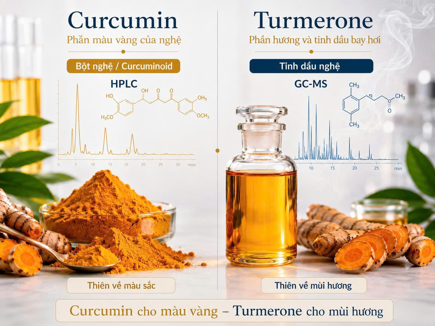 Infographic so sánh Curcumin và Turmerone, minh họa Curcumin thiên về màu vàng còn Turmerone thiên về mùi hương và tinh dầu bay hơi.