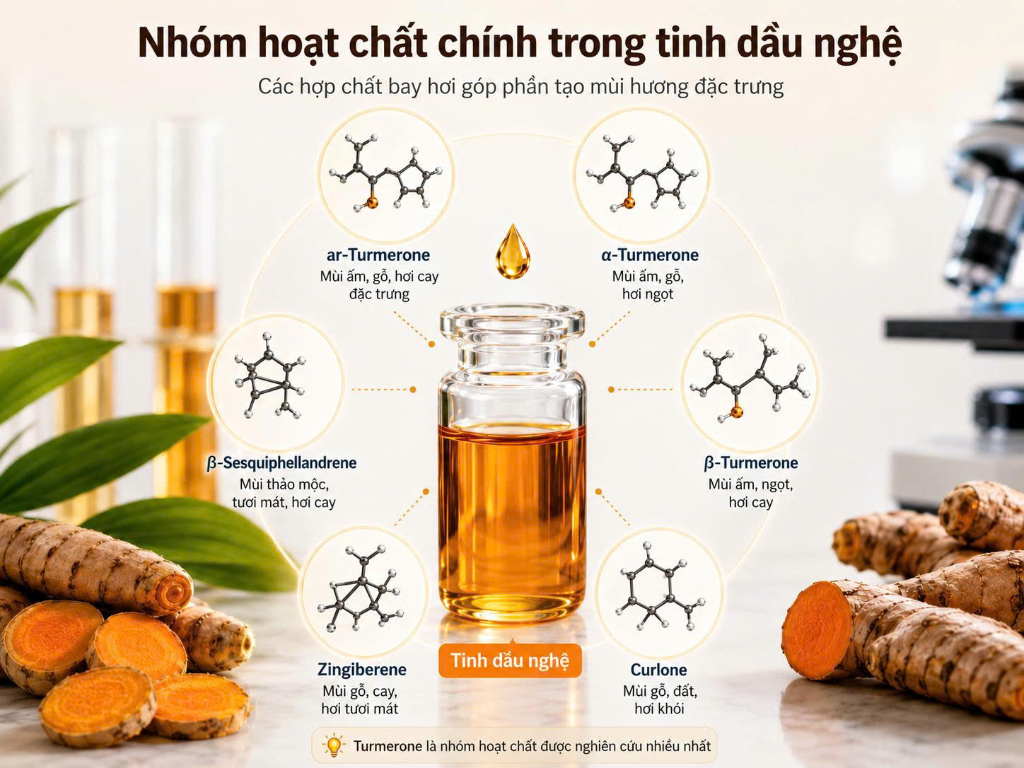 Sơ đồ nhóm hoạt chất chính trong tinh dầu nghệ gồm ar-Turmerone, α-Turmerone, β-Turmerone, Zingiberene, Curlone và β-Sesquiphellandrene.