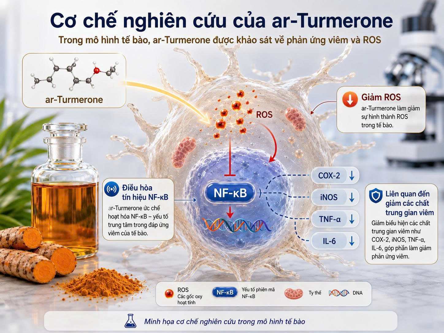 Infographic minh họa ar-Turmerone trong mô hình tế bào, liên quan đến ROS, NF-κB, COX-2, iNOS, TNF-α và IL-6.