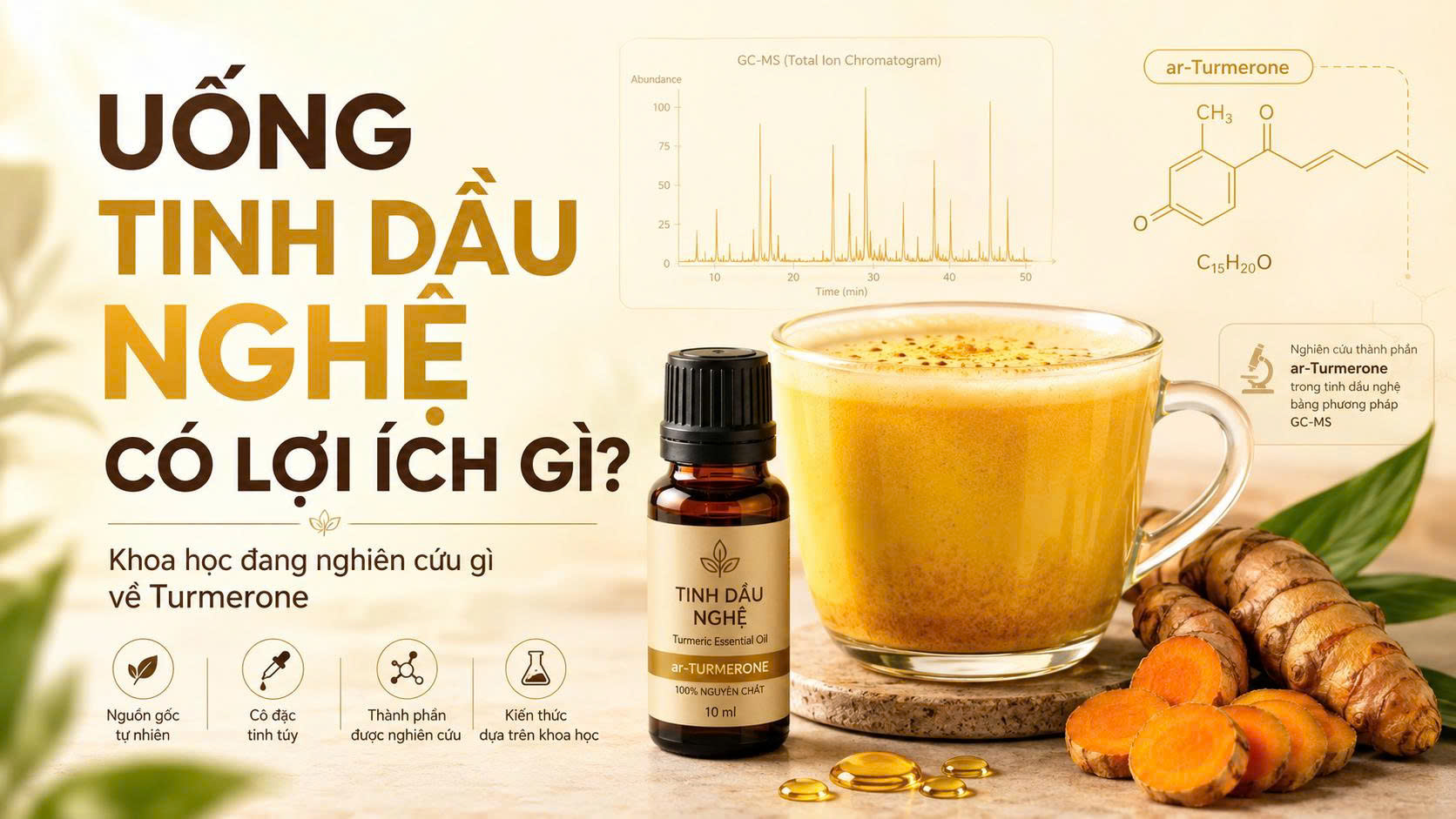 Ly đồ uống nghệ wellness, chai tinh dầu nghệ, củ nghệ tươi, biểu đồ GC-MS và mô hình ar-Turmerone minh họa tinh dầu nghệ khi dùng trong đồ uống.