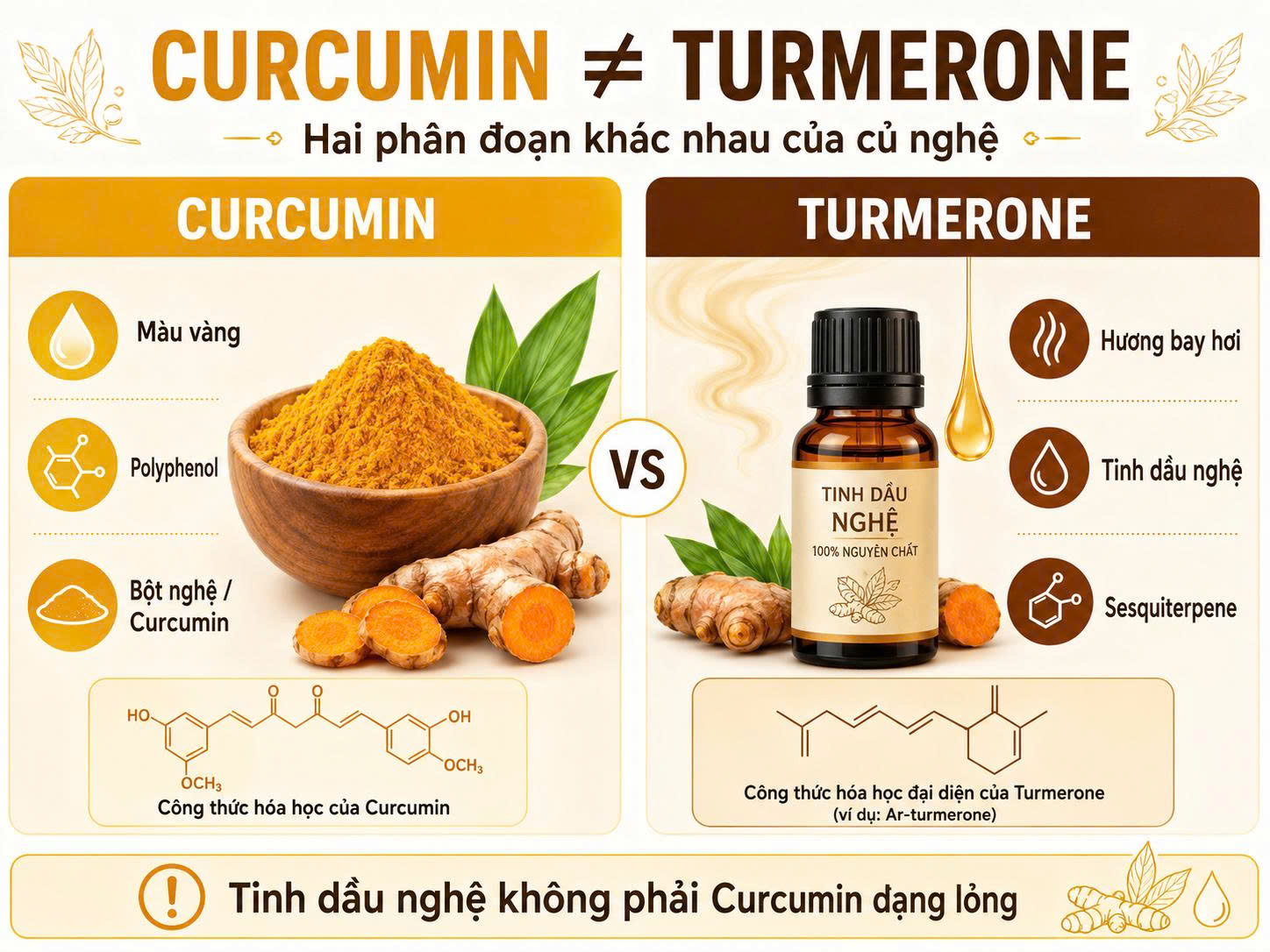 Infographic so sánh Curcumin và Turmerone, cho thấy Curcumin đại diện cho phần màu vàng còn Turmerone đại diện cho tinh dầu bay hơi của củ nghệ.