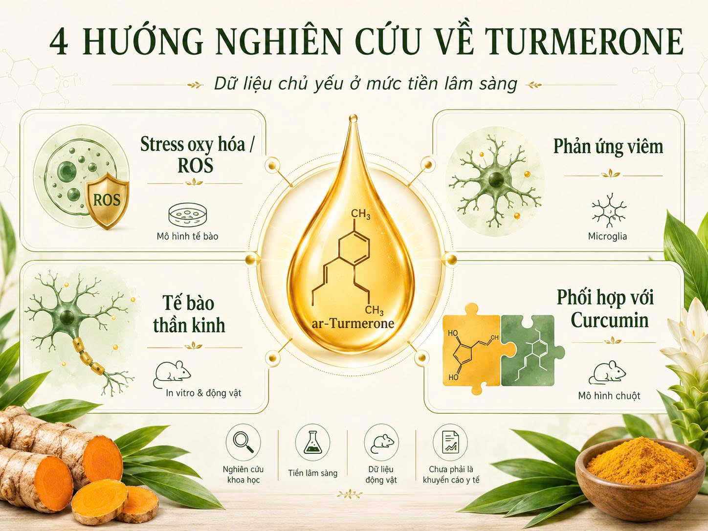 Infographic bốn hướng nghiên cứu về Turmerone gồm stress oxy hóa ROS, phản ứng viêm, tế bào thần kinh và phối hợp với Curcumin ở mức tiền lâm sàng.