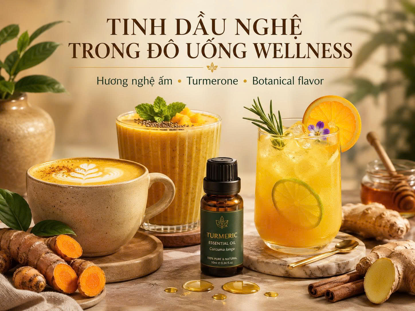 Các đồ uống wellness từ nghệ như golden latte, smoothie và mocktail cùng chai tinh dầu nghệ, củ nghệ, gừng, quế và mật ong.