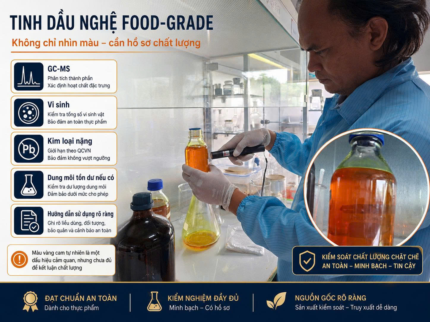 Phòng lab kiểm tra mẫu tinh dầu nghệ food-grade với các tiêu chí GC-MS, vi sinh, kim loại nặng, dung môi tồn dư nếu có và hướng dẫn sử dụng rõ ràng.