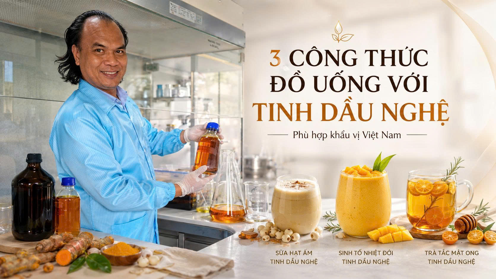 Ba công thức đồ uống với tinh dầu nghệ Sagucha gồm sữa hạt, smoothie xoài dứa và trà tắc mật ong, phát triển từ nền nghiên cứu phòng lab.