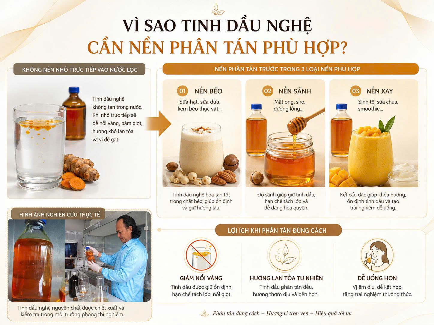 Infographic giải thích vì sao tinh dầu nghệ cần được phân tán trong nền béo, nền sánh hoặc nền xay thay vì nhỏ trực tiếp vào nước lọc.