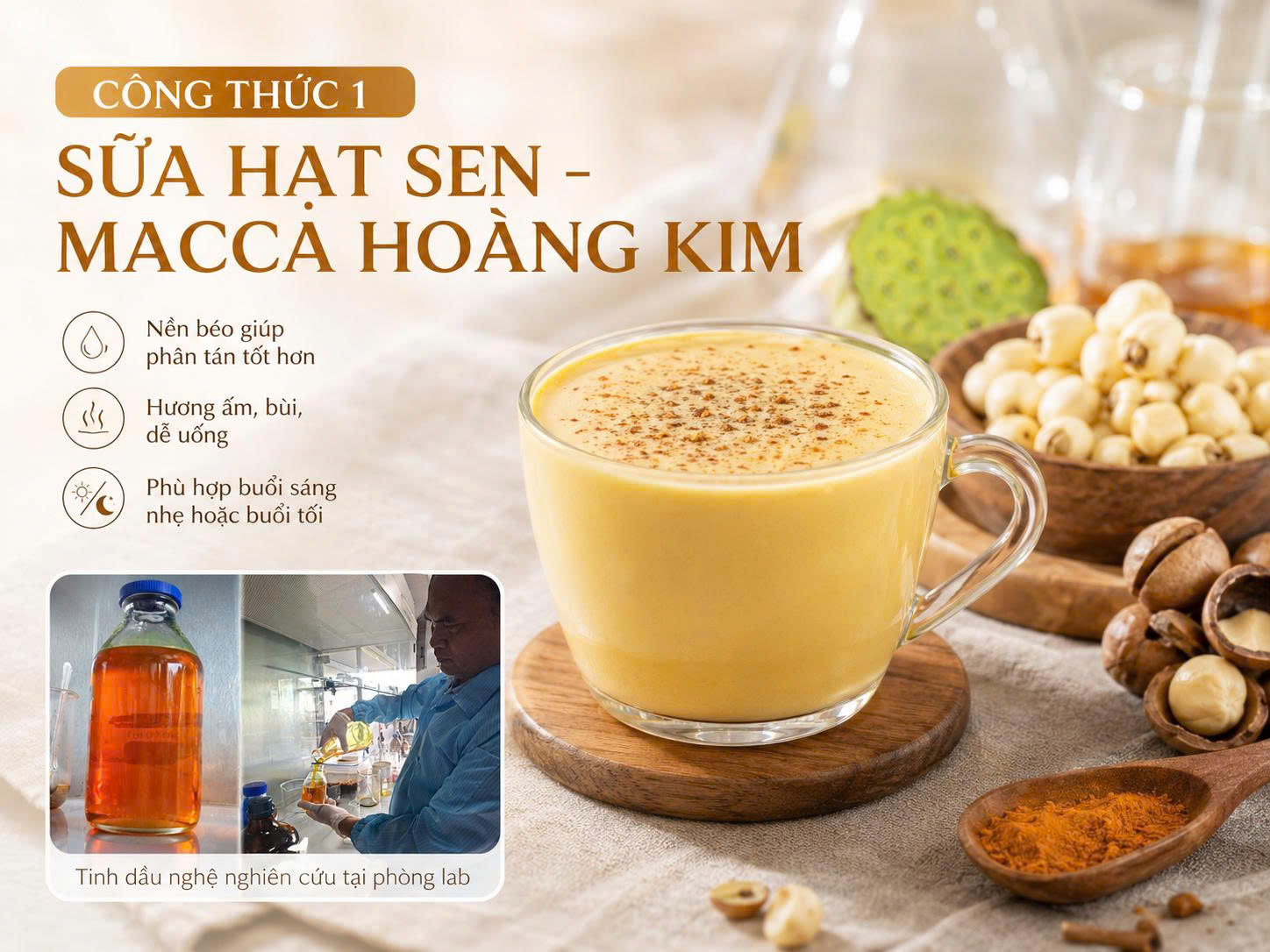 Sữa hạt sen macca hoàng kim với tinh dầu nghệ Sagucha, nền béo giúp tinh dầu nghệ phân tán mềm hơn và dễ uống hơn.