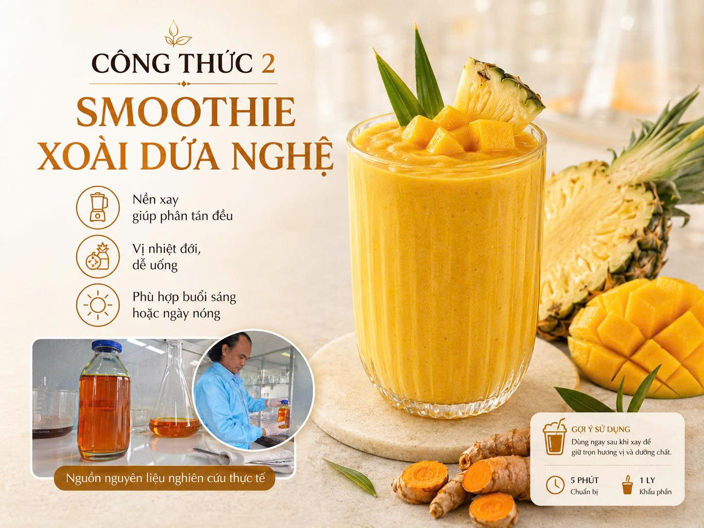 Smoothie xoài dứa nghệ với tinh dầu nghệ Sagucha, nền trái cây xay giúp lớp Turmerone phân bố đều hơn trong đồ uống.