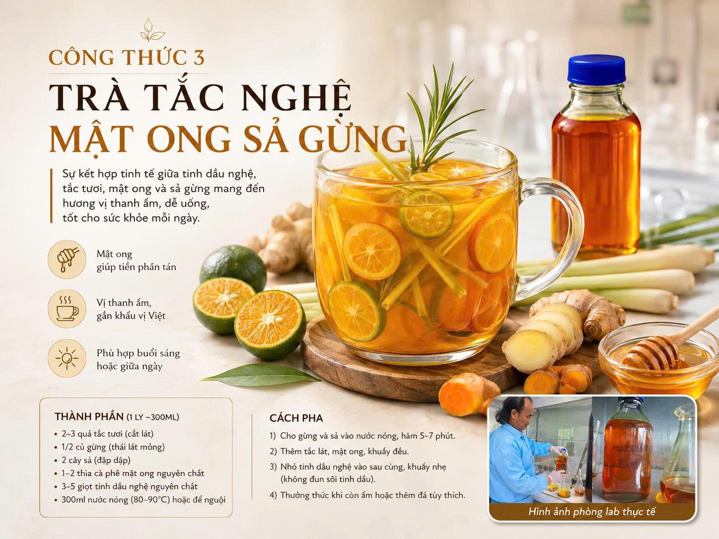 Trà tắc nghệ mật ong sả gừng với tinh dầu nghệ Sagucha, dùng mật ong làm chất mang để tinh dầu phân tán tốt hơn.