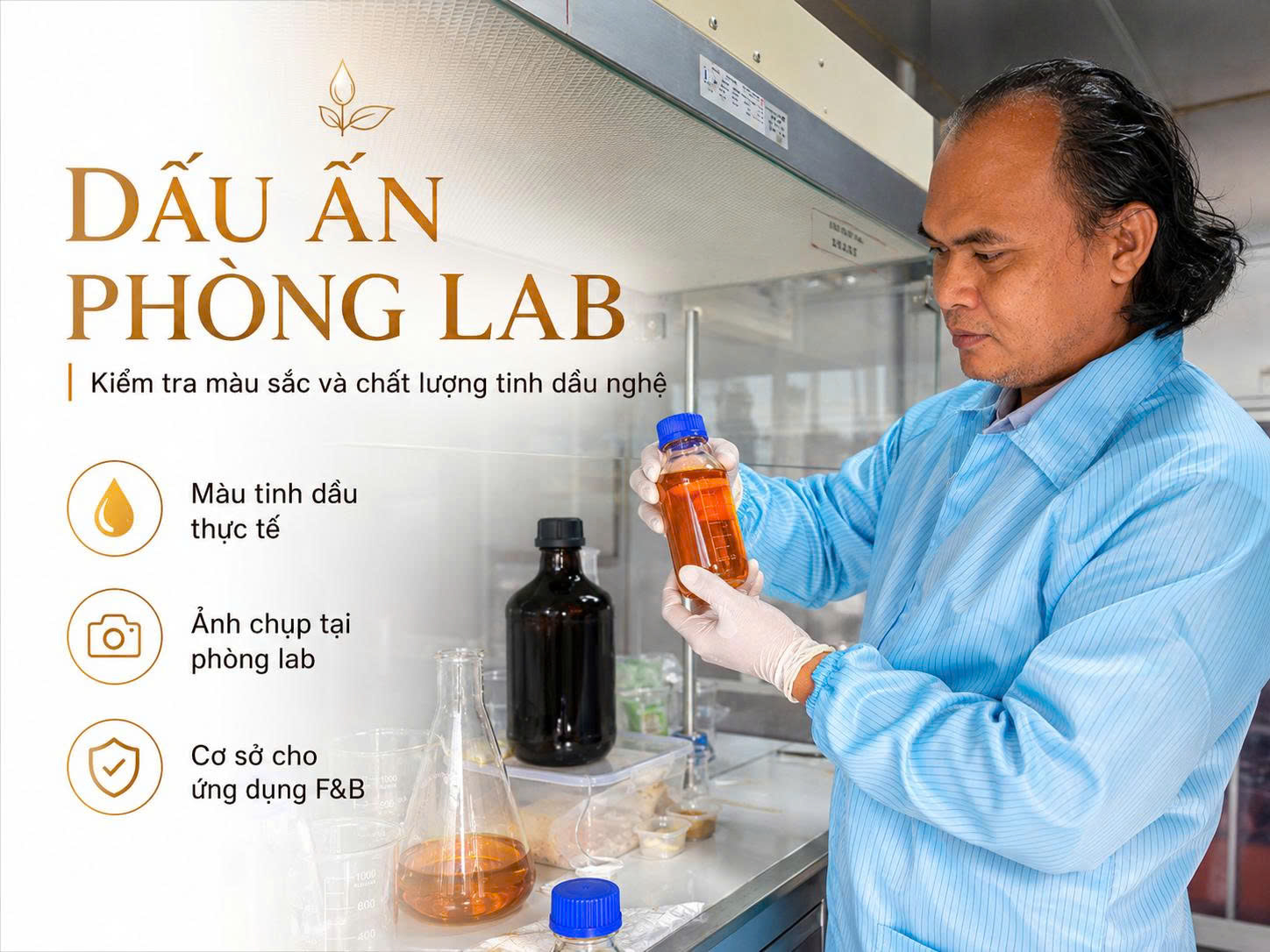Kiểm tra màu sắc và chất lượng tinh dầu nghệ Sagucha trong phòng lab trước khi ứng dụng vào công thức đồ uống F&B.