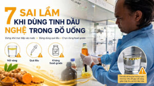 7 sai lầm khi dùng tinh dầu nghệ trong đồ uống, gồm nhỏ trực tiếp vào nước, dùng quá liều và chọn sai loại tinh dầu.