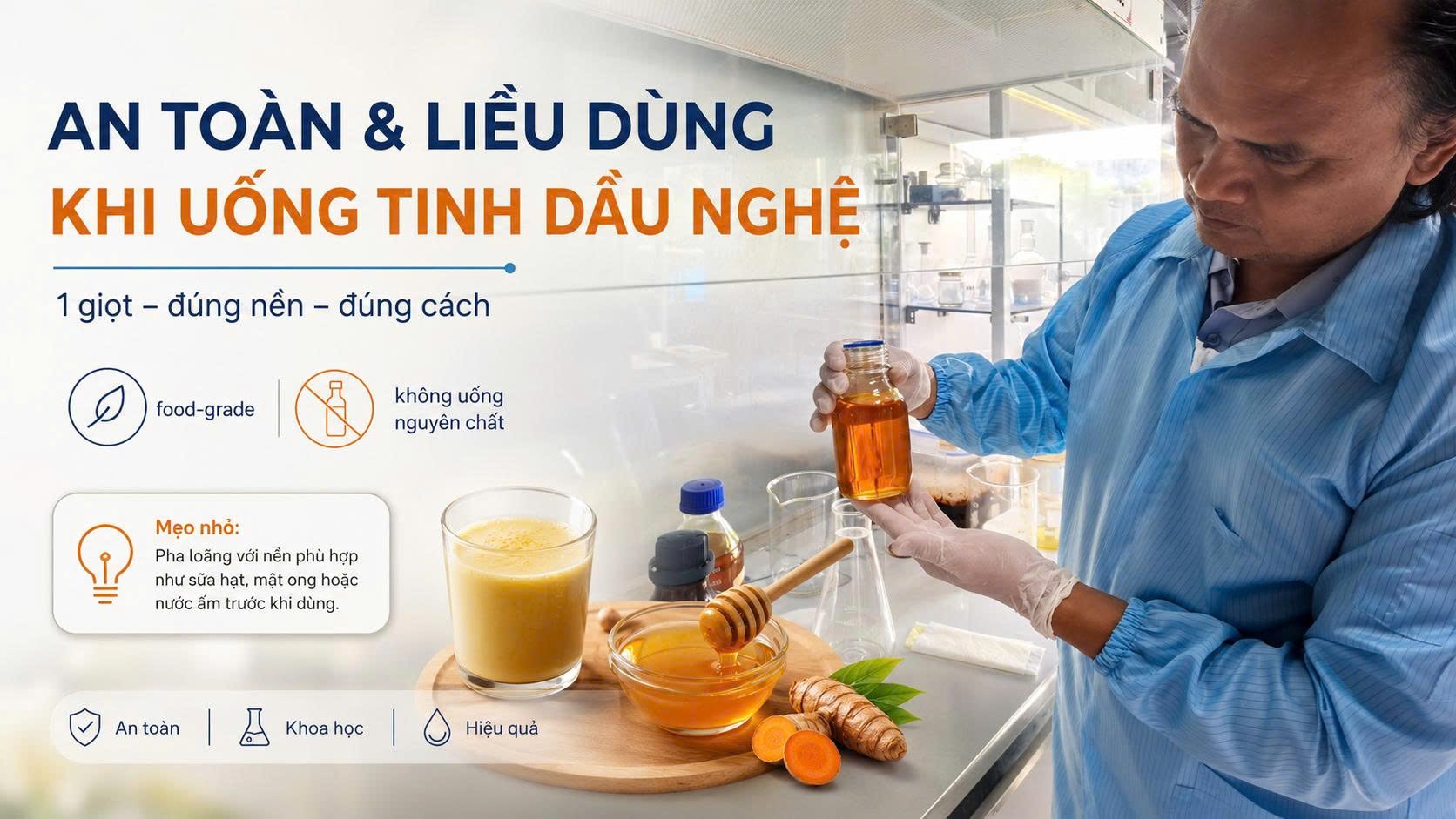 Ảnh minh họa an toàn và liều dùng khi uống tinh dầu nghệ với chai tinh dầu nghệ, ly đồ uống màu vàng và củ nghệ tươi trong bối cảnh khoa học đời sống.