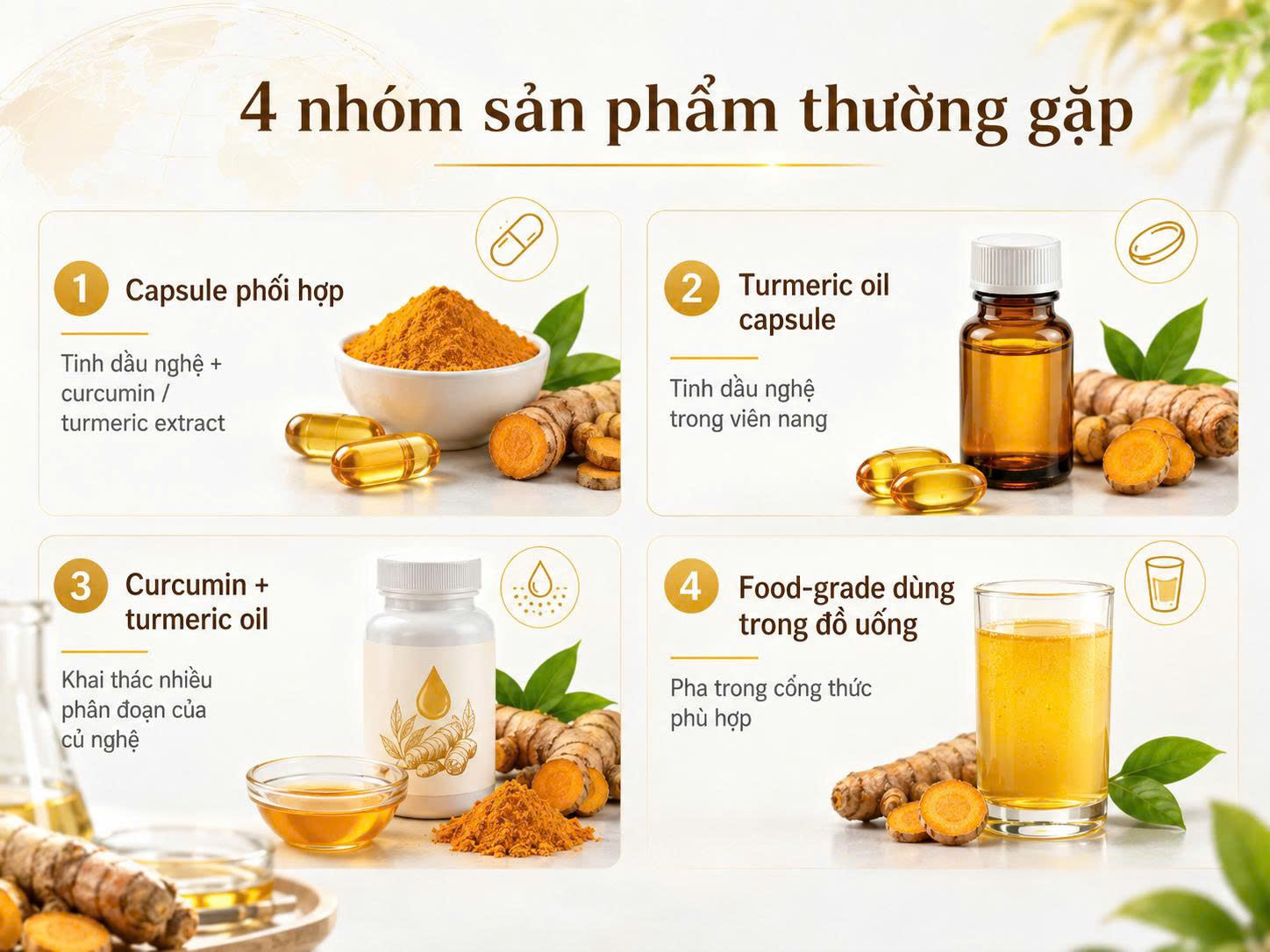 Infographic 4 nhóm sản phẩm quốc tế thường gặp có dùng tinh dầu nghệ gồm capsule phối hợp, turmeric oil capsule, curcumin với turmeric oil và đồ uống food-grade.