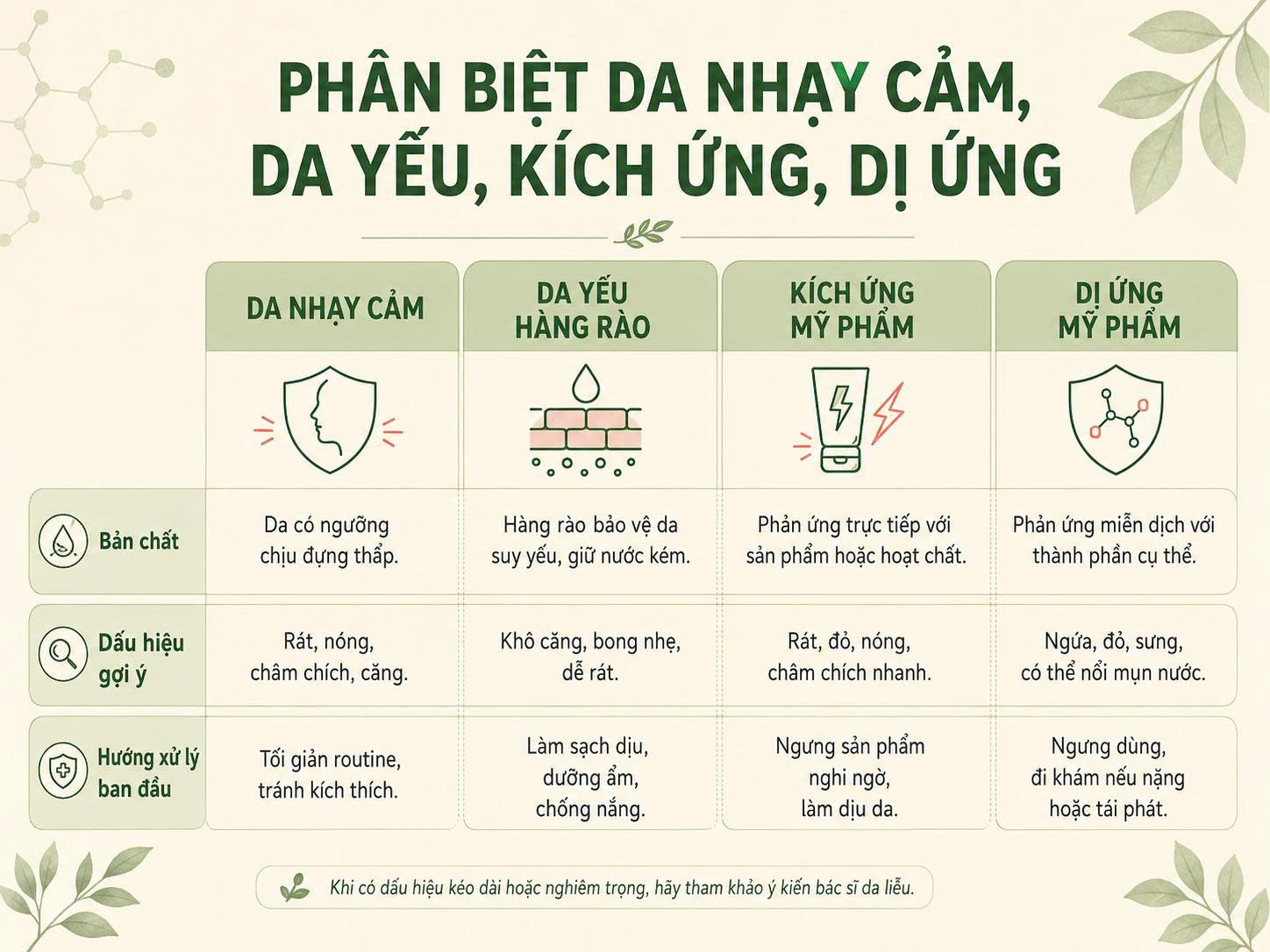 Bảng phân biệt da nhạy cảm, da yếu hàng rào, kích ứng mỹ phẩm và dị ứng mỹ phẩm theo bản chất, dấu hiệu và hướng xử lý ban đầu