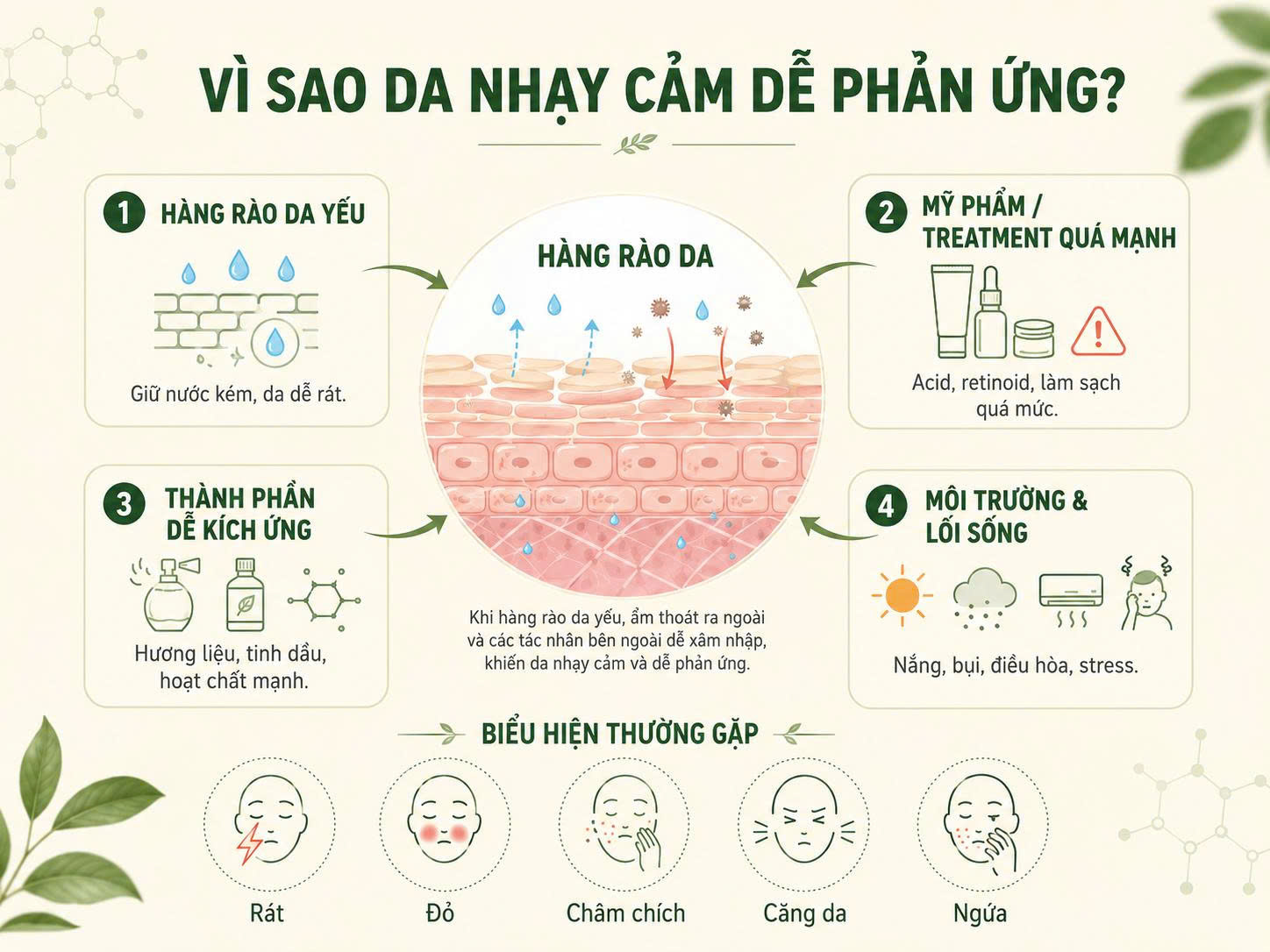 Sơ đồ giải thích vì sao da nhạy cảm dễ phản ứng do hàng rào da yếu, treatment quá mạnh, thành phần dễ kích ứng và môi trường sống
