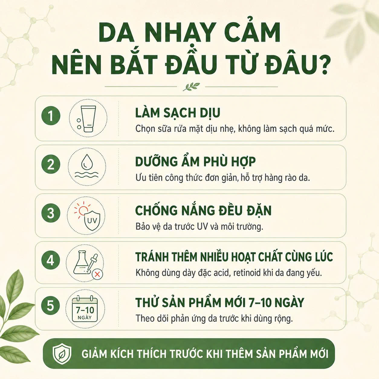 Checklist chăm sóc da nhạy cảm gồm làm sạch dịu, dưỡng ẩm phù hợp, chống nắng đều đặn, tránh nhiều hoạt chất cùng lúc và thử sản phẩm mới 7 đến 10 ngày