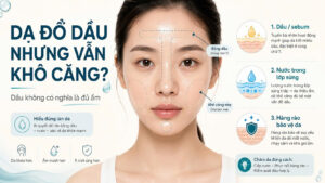 Da đổ dầu nhưng vẫn khô căng, minh họa vùng chữ T bóng dầu, hai má khô căng và hàng rào bảo vệ da thiếu ẩm